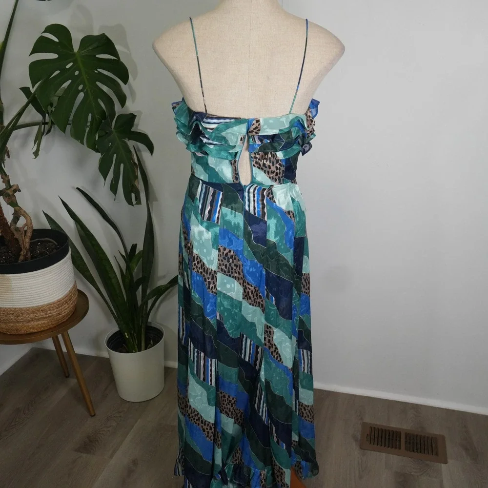 Hutch Maxi Dress 00 Blue Teal Abstract Leopard Ruffle Spaghetti Strap 10247